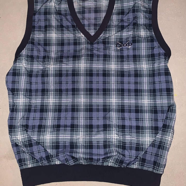 Izod Pullover Vest - Blue Green White Plaid Print - Large