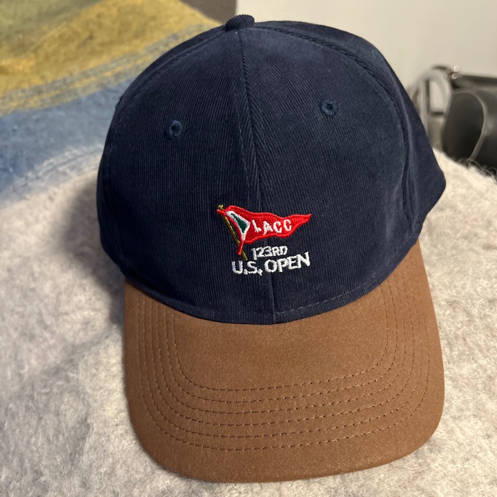 NEW 123rd U.S. Open LACC Navy blue corduroy hat with a suede leather brim and adjustment strap. Rare special edition