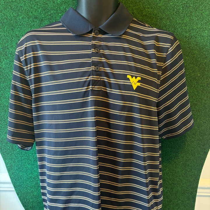 West Virginia Mountaineers Cutter & Buck Mens Polo Shirt Blue W/ Stripes- Size L