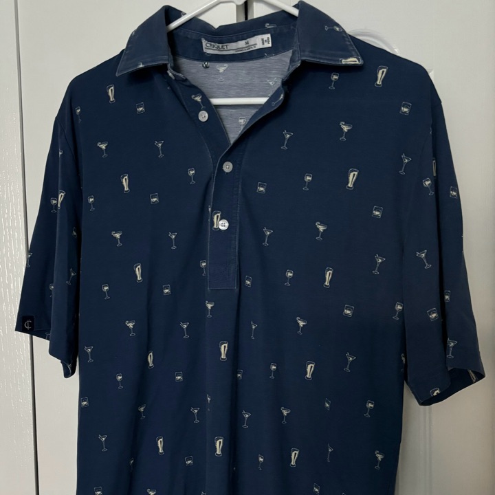 Criquet Golf Polo Shirt Mens Med Blue All Over Print Margarita Drinks Cocktails