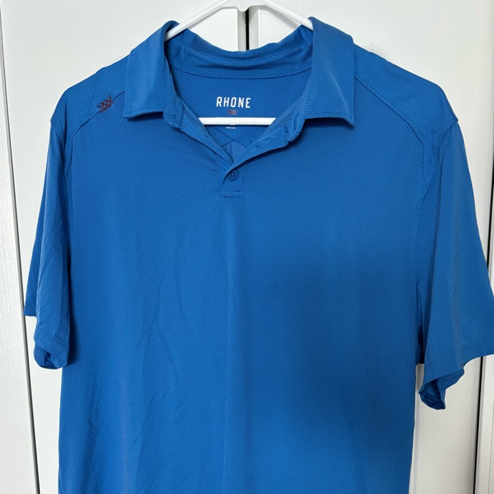 Rhone Polo Mens Large Shirt Athletic Stretch Short Sleeve Blue