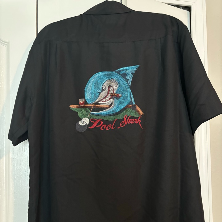 VTG Caribbean POOL SHARK & 8 Ball Embroidered Black Hawaiian Camp Shirt LG NWT