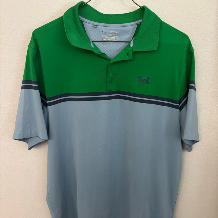 Under Armour Golf Polo Colorblock Green Light Blue Striped Heatgear Men’s XL