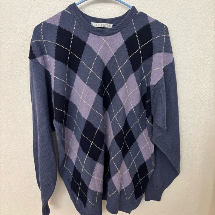 Lyle And Scott 100% Wool Men’s Argyle Golf Sweater Purple Medium
